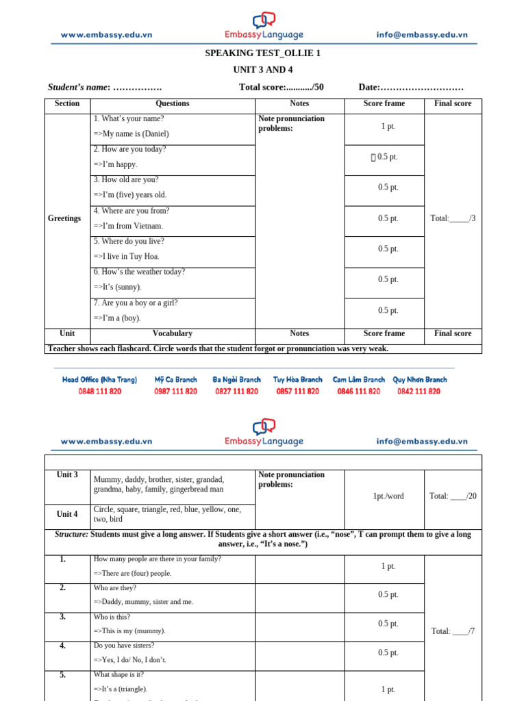 Speaking Test - Ollie 1 - Unit 3&4 | PDF | Learning | Linguistics