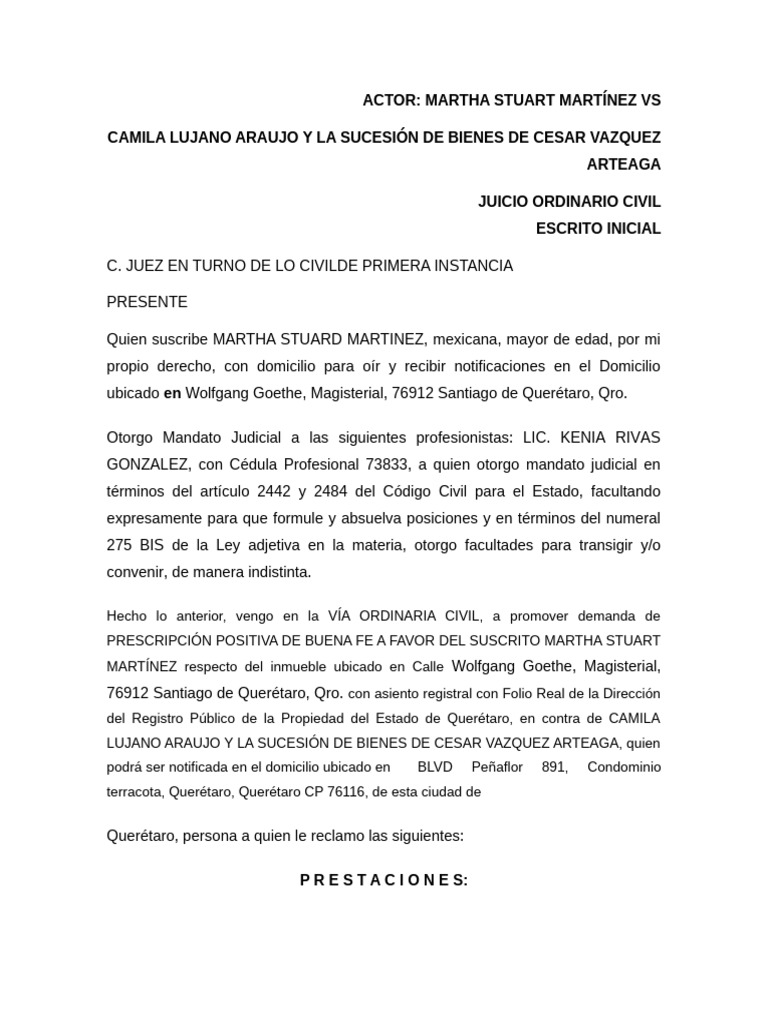 Demanda de Prescripción Positiva en Querétaro | PDF | Propiedad | Justicia