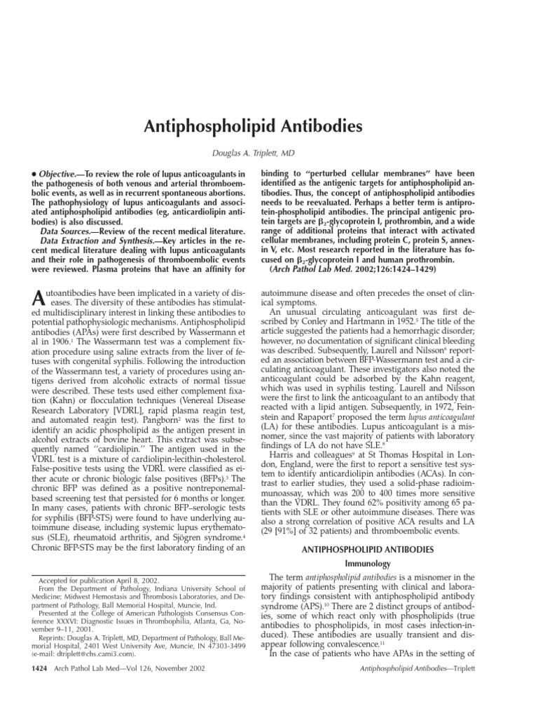 Antiphospholipid Antibodies 2002 | PDF | Hematology | Tissue (Biology)