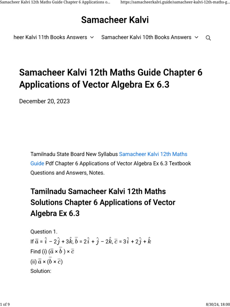 Samacheer Kalvi 12th Maths Guide Chapter 6 Applications of Vector ...