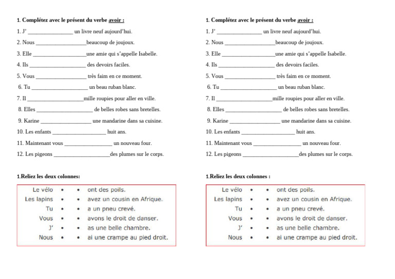 Exercices sur le verbe avoir au présent | PDF | Arts du langage et ...
