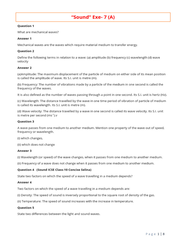 "Sound" Exe - 7 (A) ICSE Class-10 Chapter-7 | PDF | Waves | Frequency