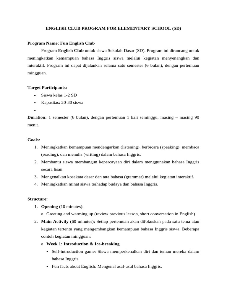 English Club Program For Elementary School | PDF | Seni & Disiplin Bahasa