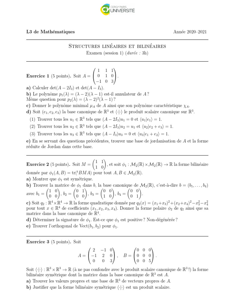 Examen de Mathématiques L3: Structures Linéaires | PDF | Algèbre ...