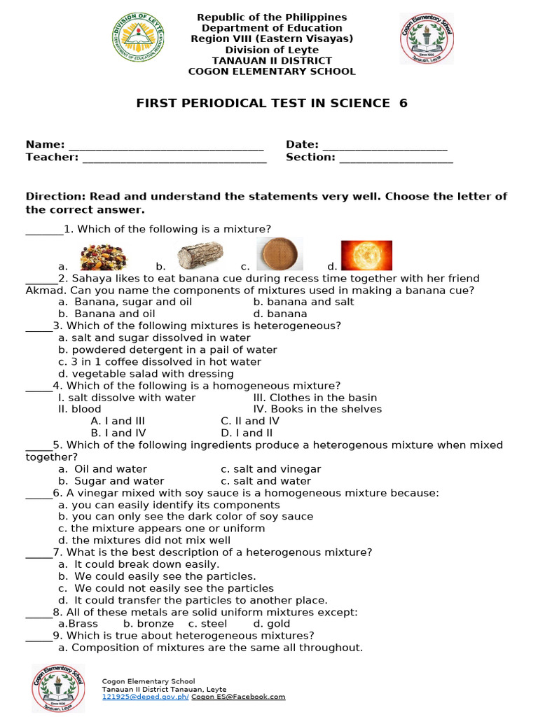 Science Periodical Test on Mixtures | PDF | Mixture | Physical Chemistry