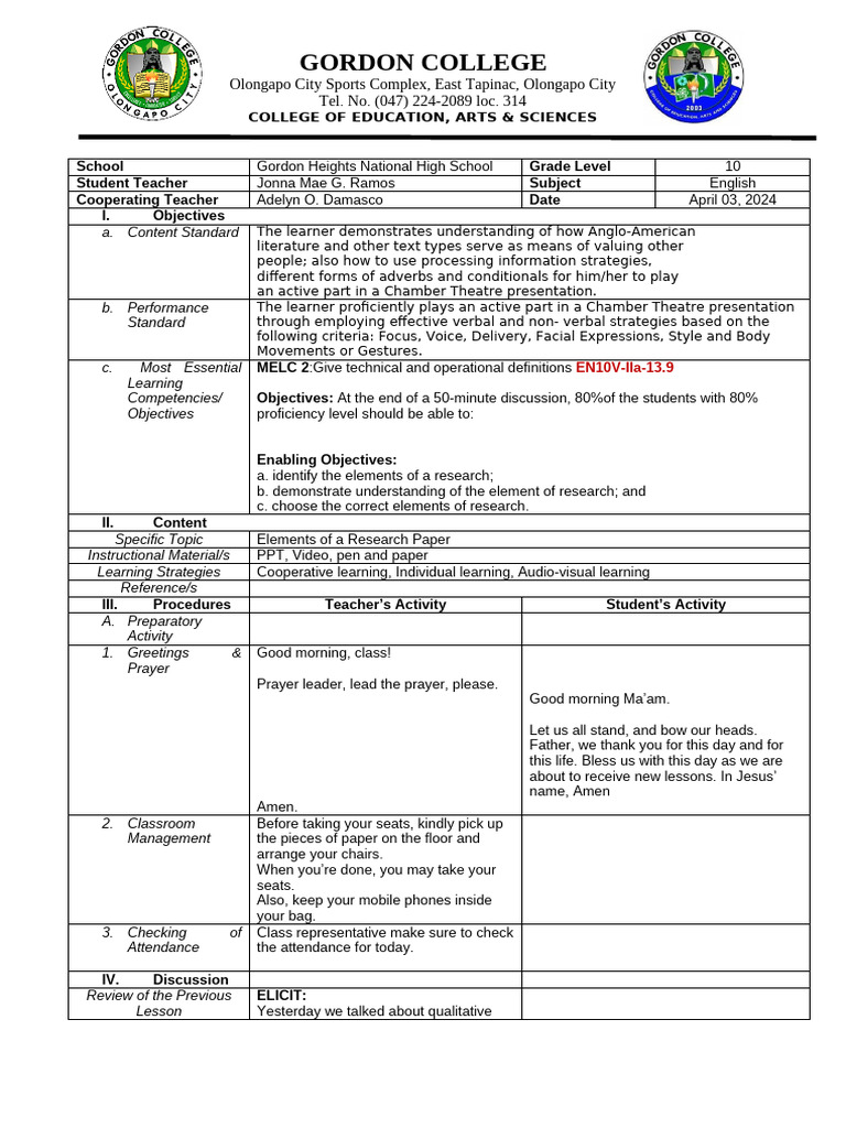 Elements of a Research Paper Lesson | PDF | Qualitative Research ...