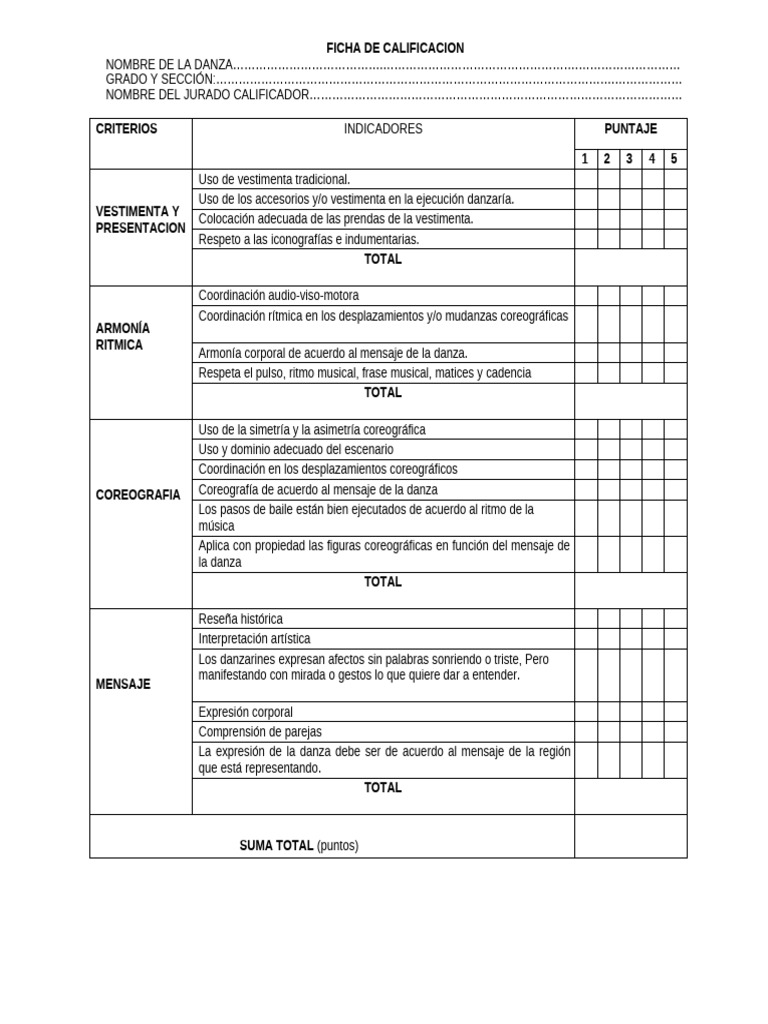Ficha de Calificacion para La Danza - 2024 | PDF