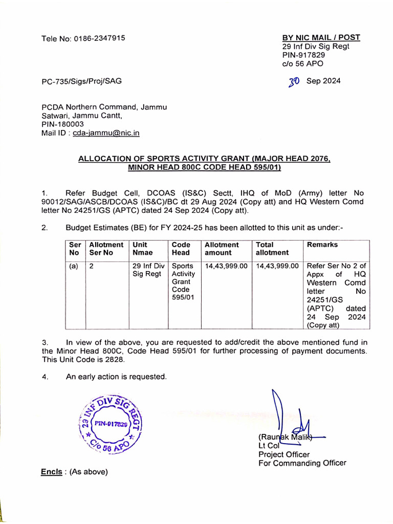 Sag Allotment Pcda | PDF