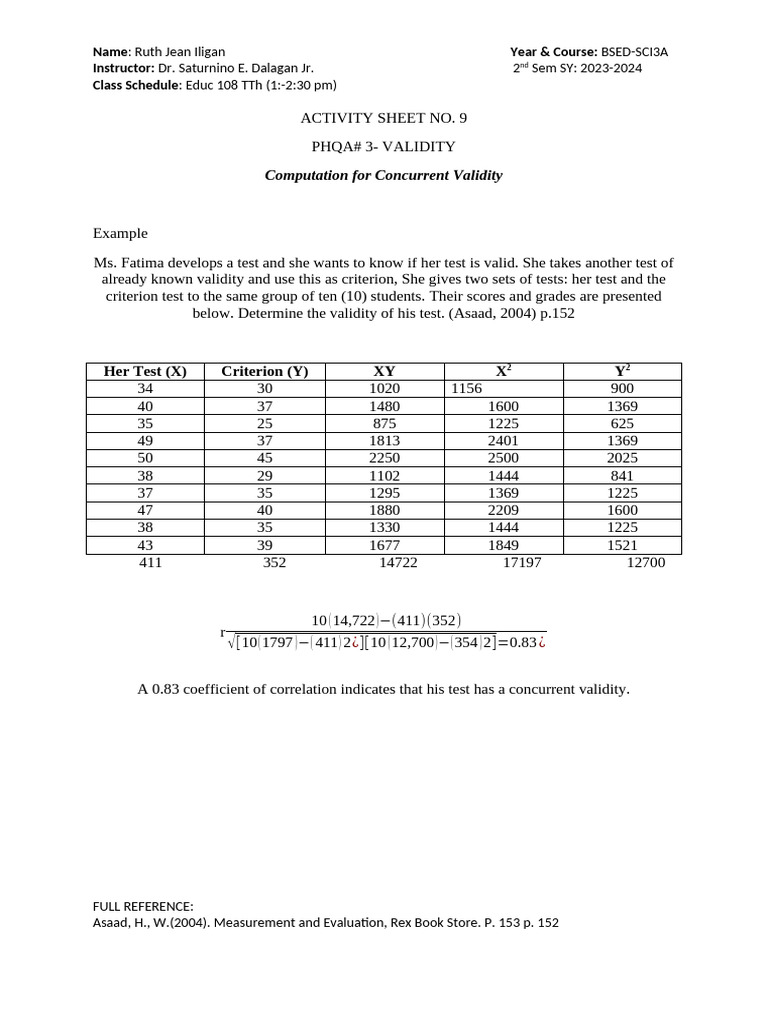 Activity No - 9 Phqa# 3 Computation For Concurrent Validity | PDF
