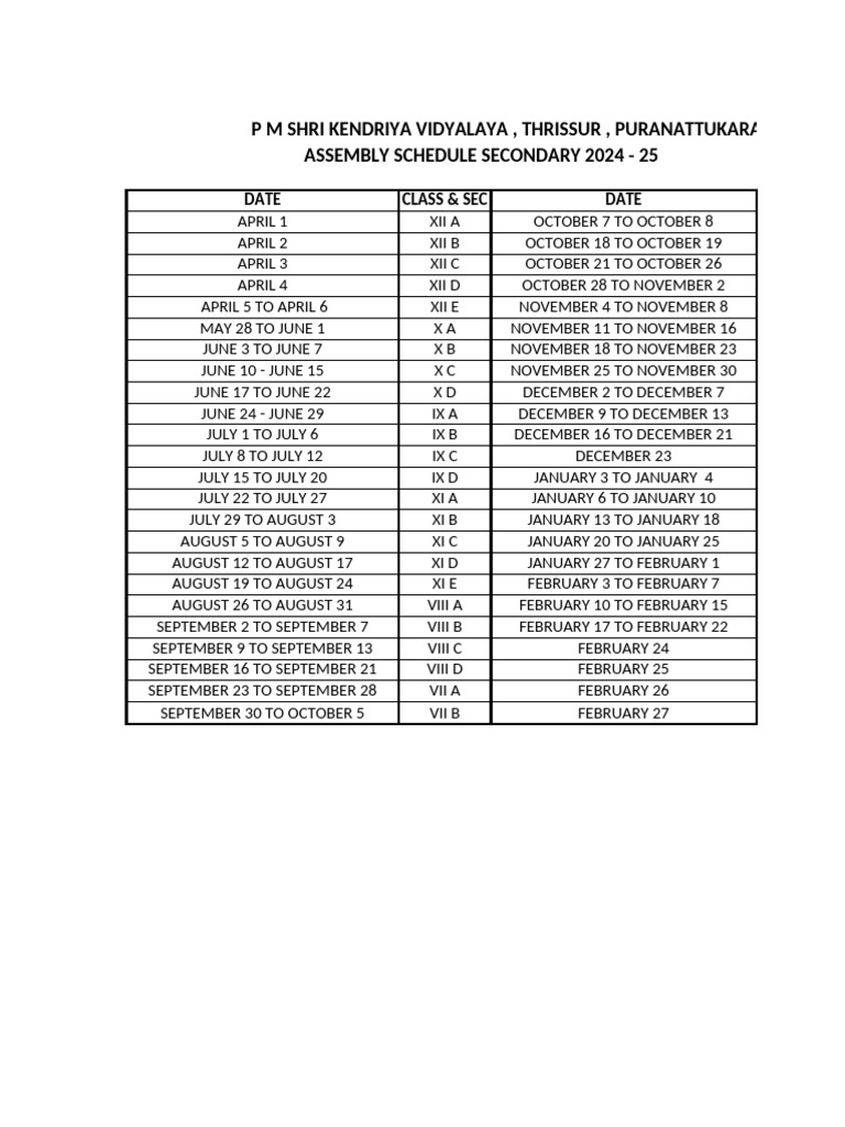 Assembly Schedule 2024-25 Thrissur | PDF