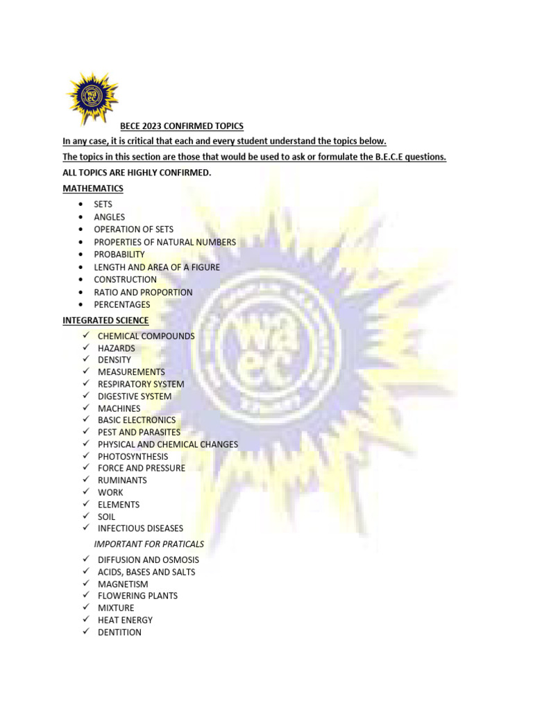 Bece 2023 Confirmed Topics | PDF | Chemical Substances