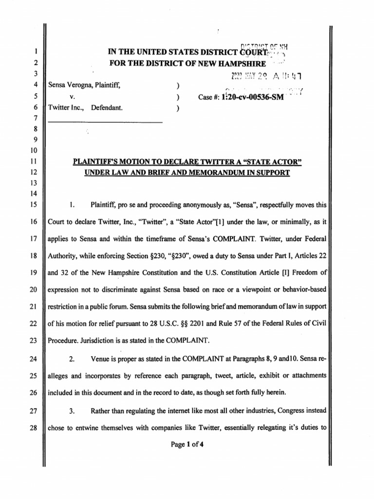 MOTION To Declare Twitter A State Actor | PDF | Due Process Clause ...