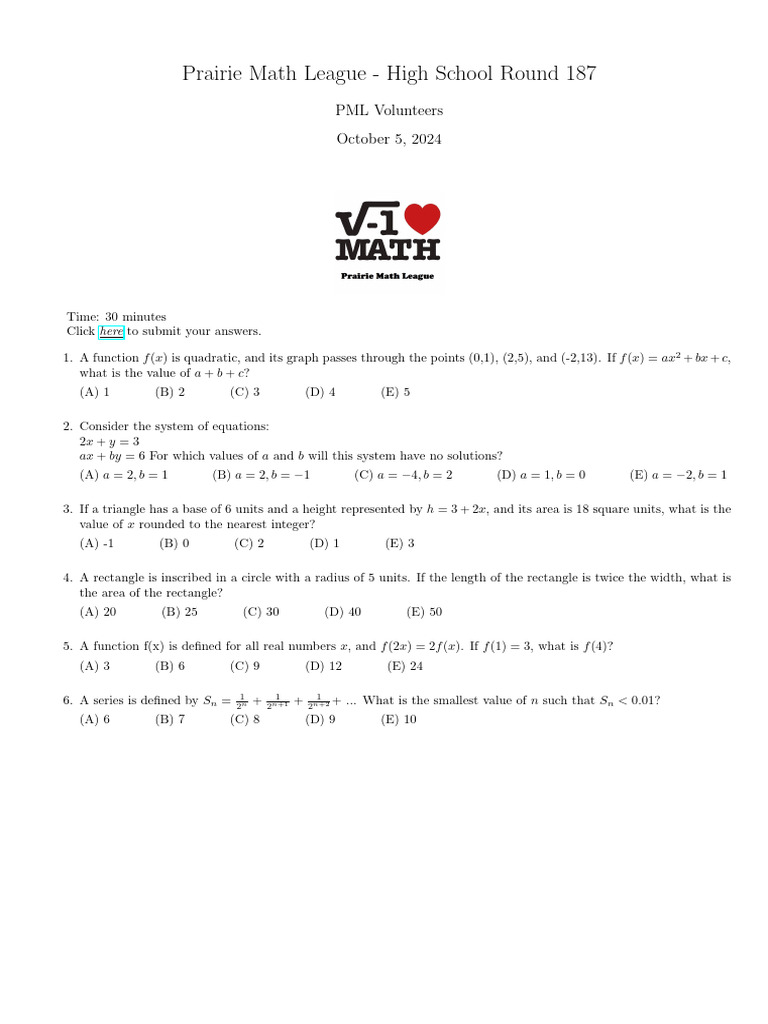 Prairie Math League High School Round 187 | PDF