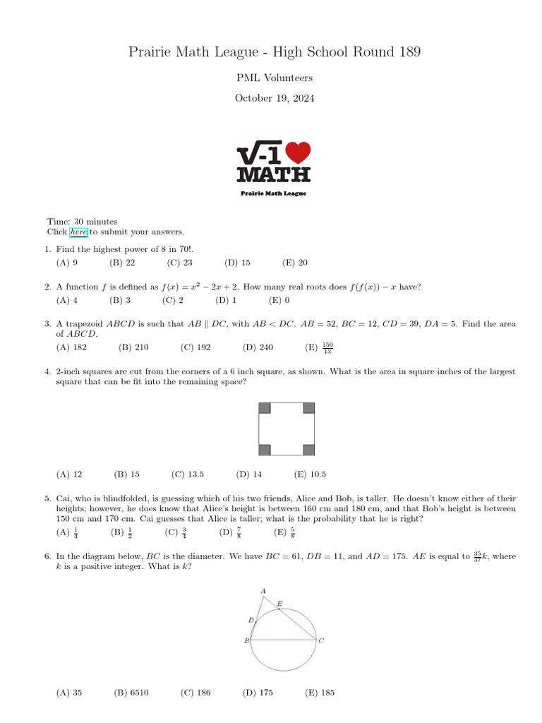 Prairie Math League High School Round 189 | PDF