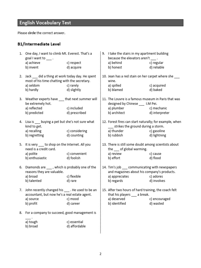 English Vocabulary Test: B1 & B2 Levels | PDF