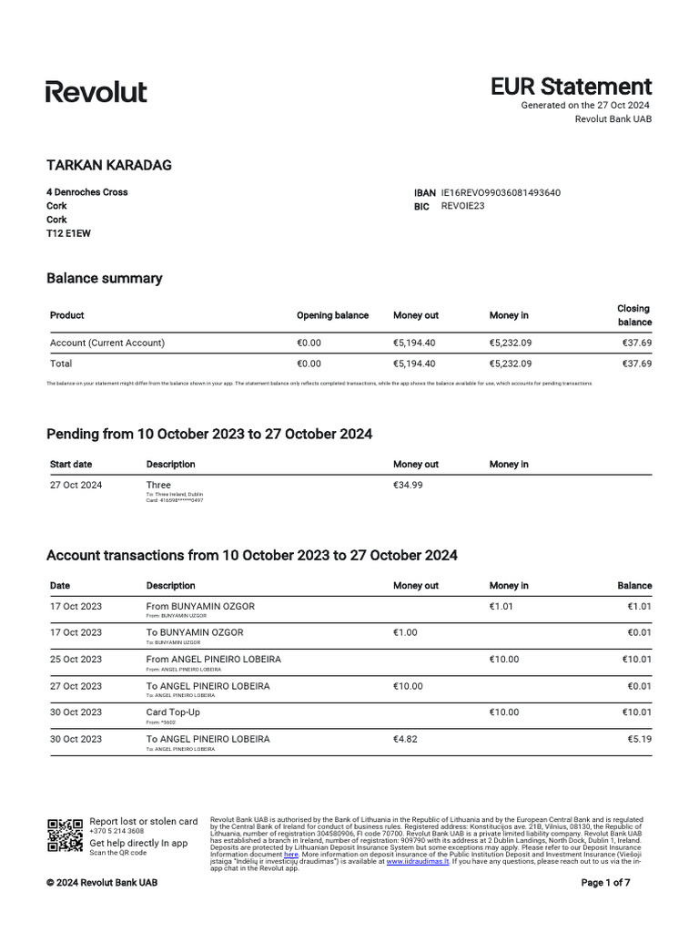 Account Statement - 2023 10 01 - 2024 10 27 - en Ie - 342593 | PDF | Banks  | Lithuania