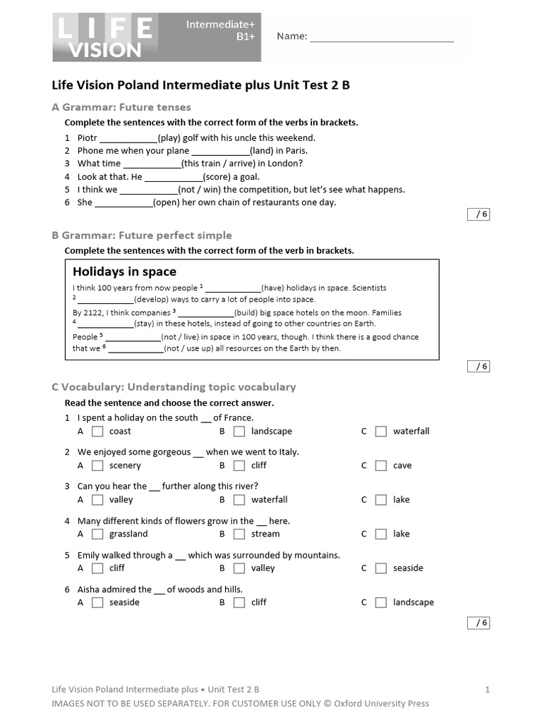 Life Vision Intermediate Unit Test 2 B | PDF | Zoo | Sun