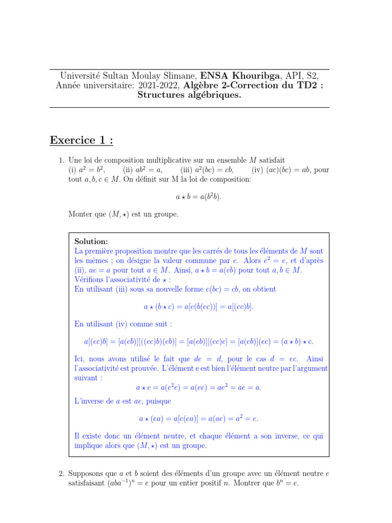 Correction TD2 : Groupes et Algèbre | PDF | Groupe (Mathématiques ...