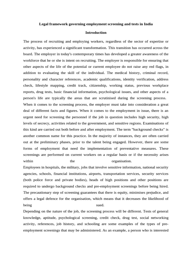 Legal framework governing employment screening and tests in india pdf