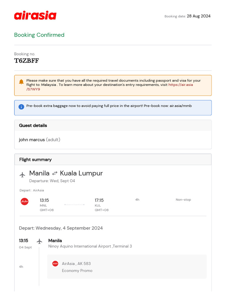 AirAsia Flight Confirmation | PDF