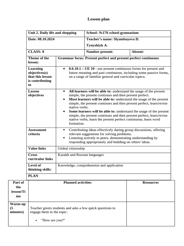 Lesson Plan: Present Perfect Tenses | PDF | Lesson Plan | Reading ...