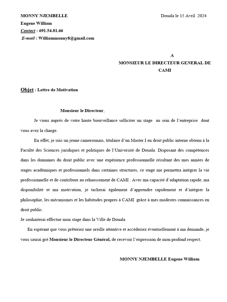 Lettre de Motivation pour Stage en Droit | PDF