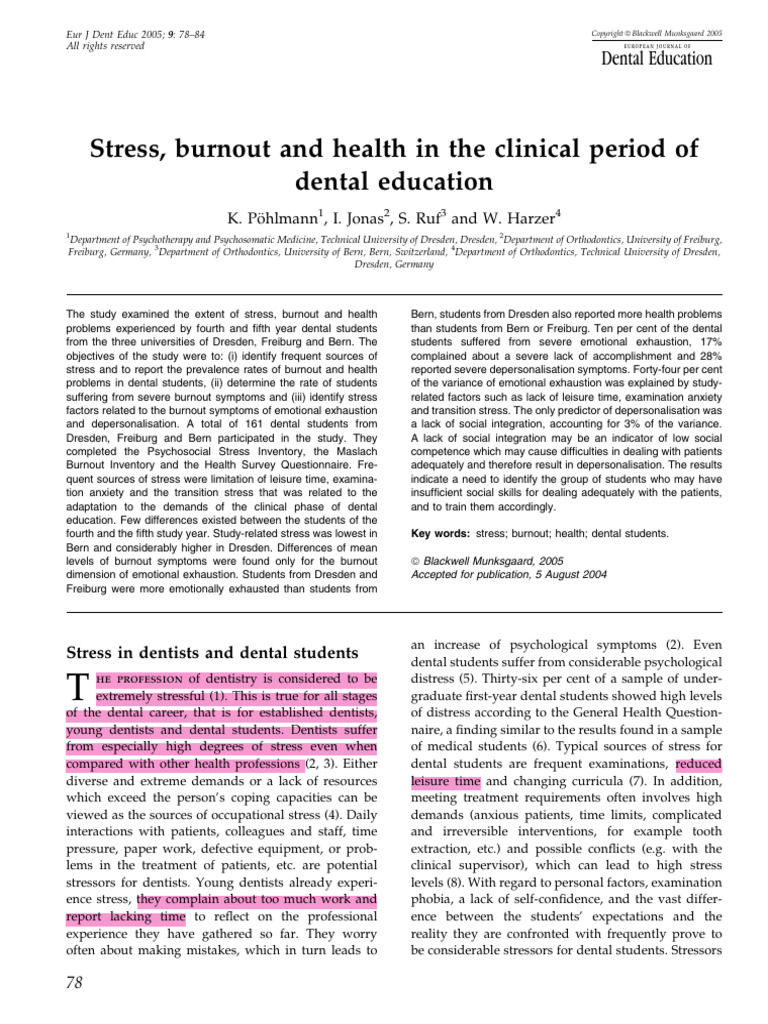 4 Stress, Burnout and Health in The Clinical Period of Dental Education ...