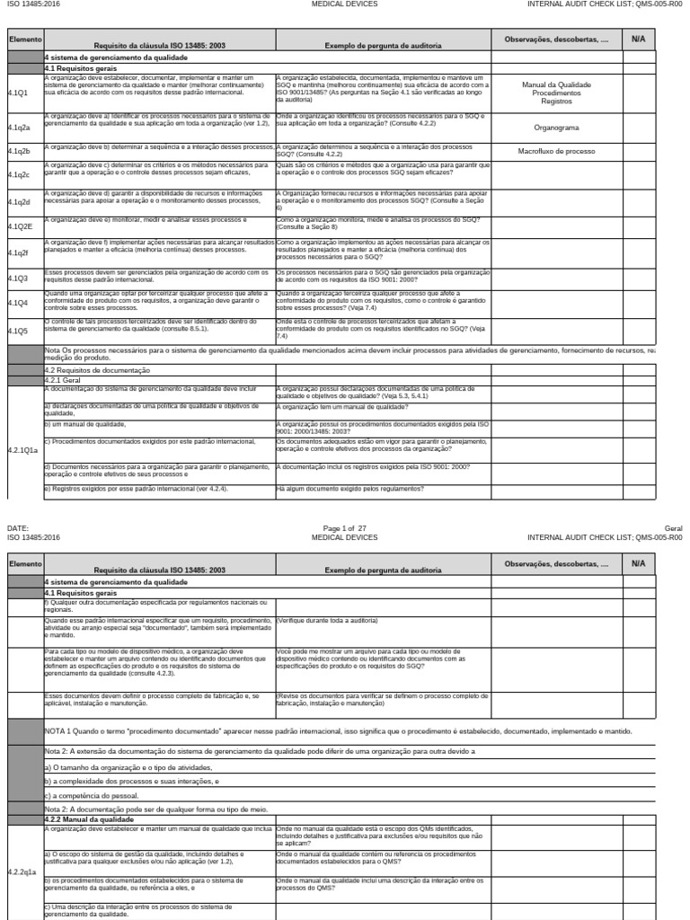 Checklist de Auditoria ISO 13485 | PDF | Qualidade (negócios) | ISO 9000