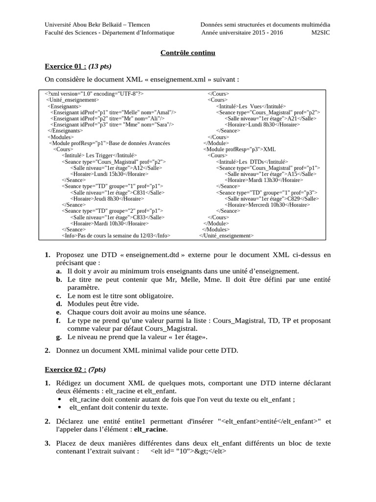 DTD et XML pour enseignement universitaire | PDF | XML | Standards du Web