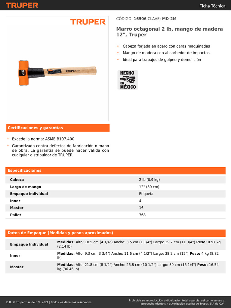 Marro Octagonal Truper 16506 2 lb | PDF
