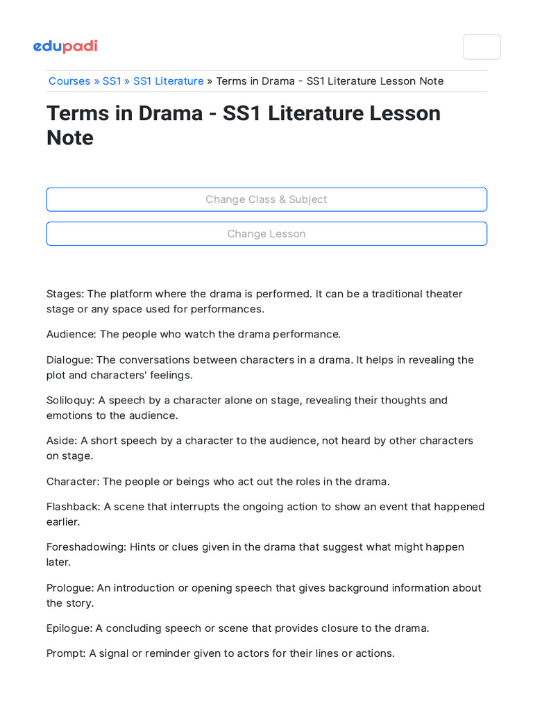 Terms in Drama - SS1 Literature Lesson Note - EduPadi Classroom | PDF