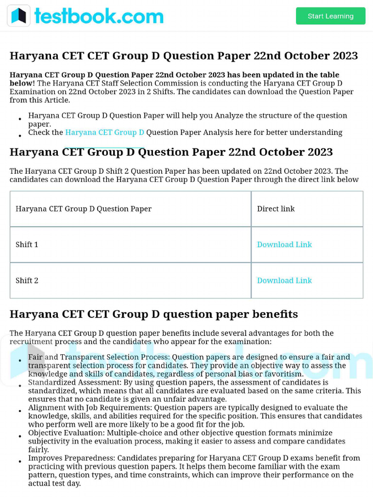 Haryana CET CET Group D Question Paper 22nd October 2023 | PDF