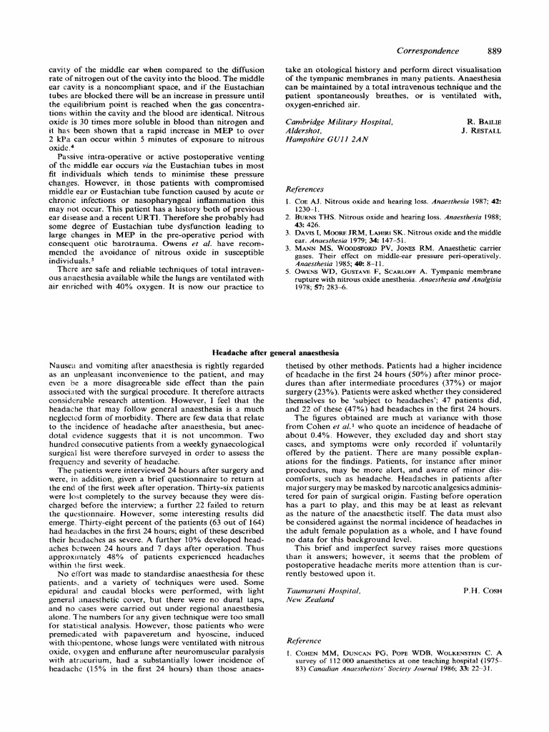 Anaesthesia october 1988 cosh headache after general anaesthesia