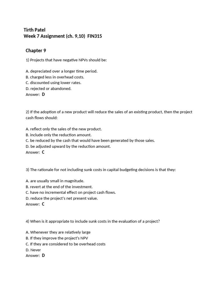 Tirth - Week 7 Assignment (Ch. 9,10) FIN315 | PDF | Net Present Value ...