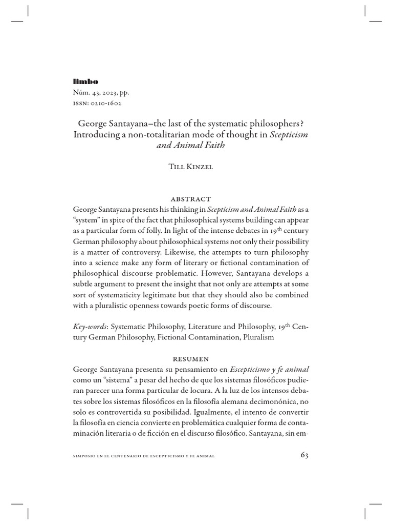 Santayana's Systematic Philosophy Insights | PDF | Metaphysics | Arthur ...
