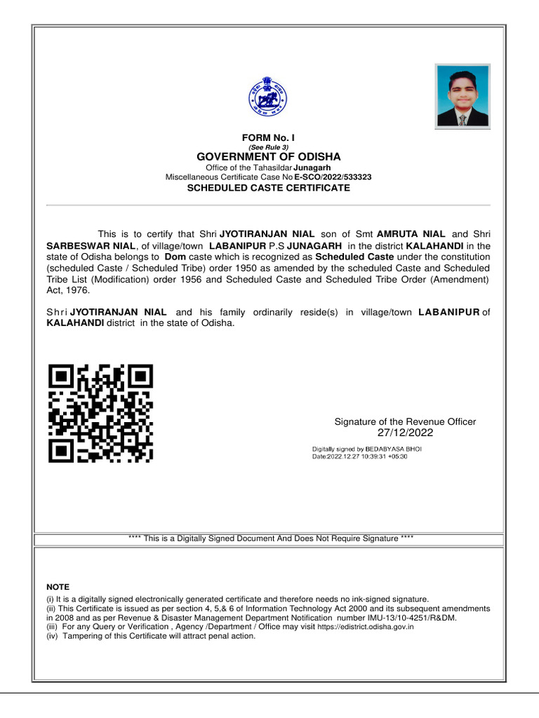 Scheduled Caste Certificate - Odisha | PDF