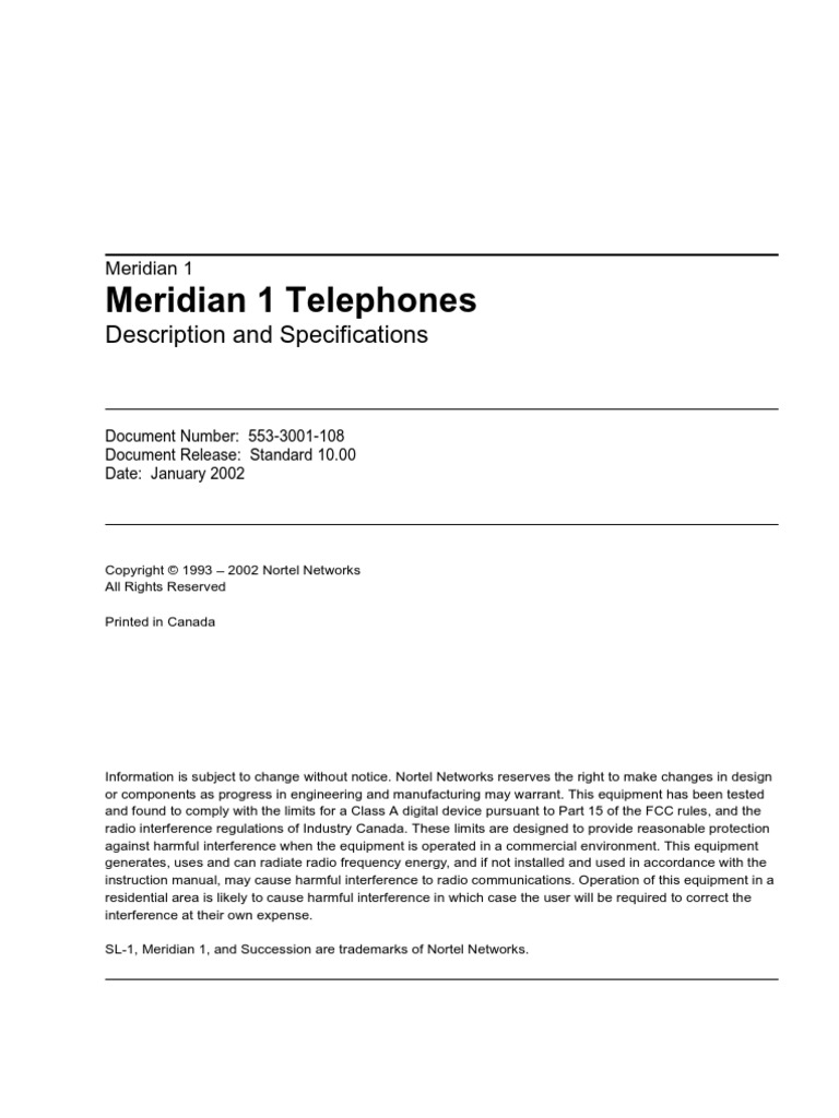 Meridian 1 Telephones Description and Specifications W | Telephone