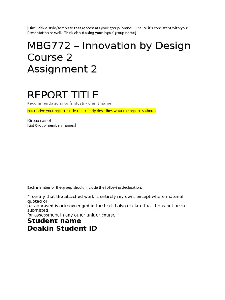 MBG772++-+Course+2+-+Assignment+2+template | PDF | Design Thinking ...
