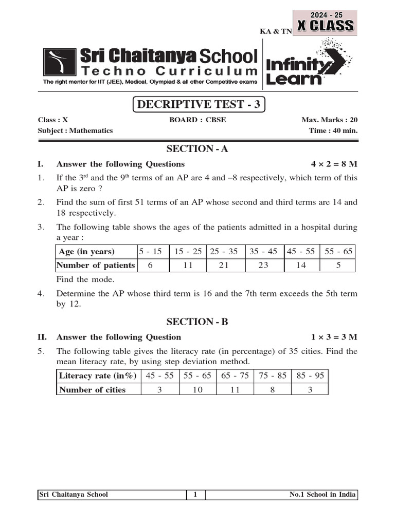 Descriptive Maths Test for Class X | PDF