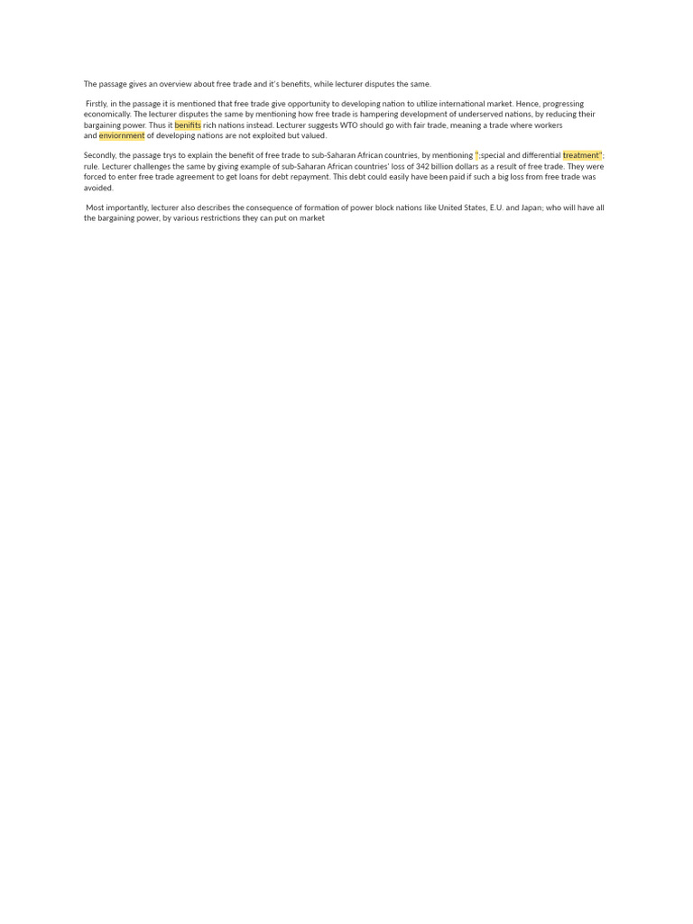 The Passage Gives An Overview About Free Trade and It