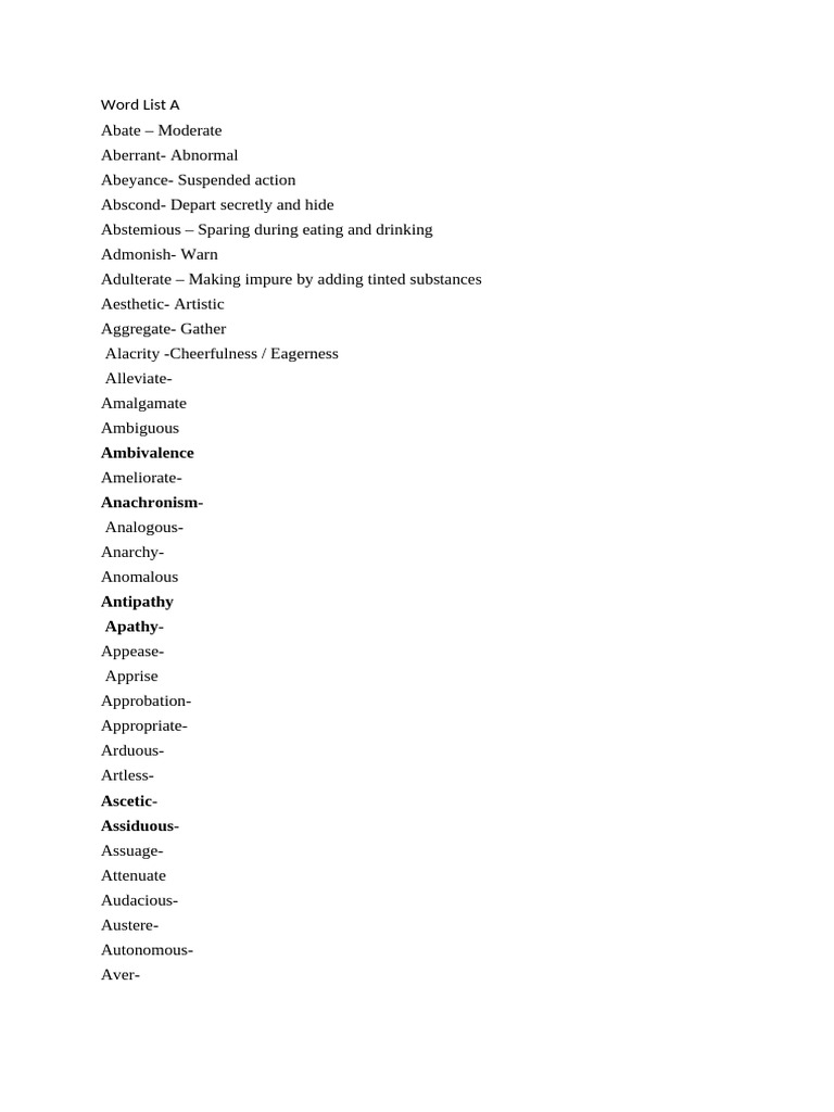 Word List A: Vocabulary Terms | PDF | Language Arts & Discipline