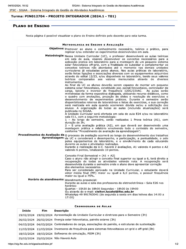 2024 - 1 - 04 - Plano de Ensino Projeto Integrador | PDF