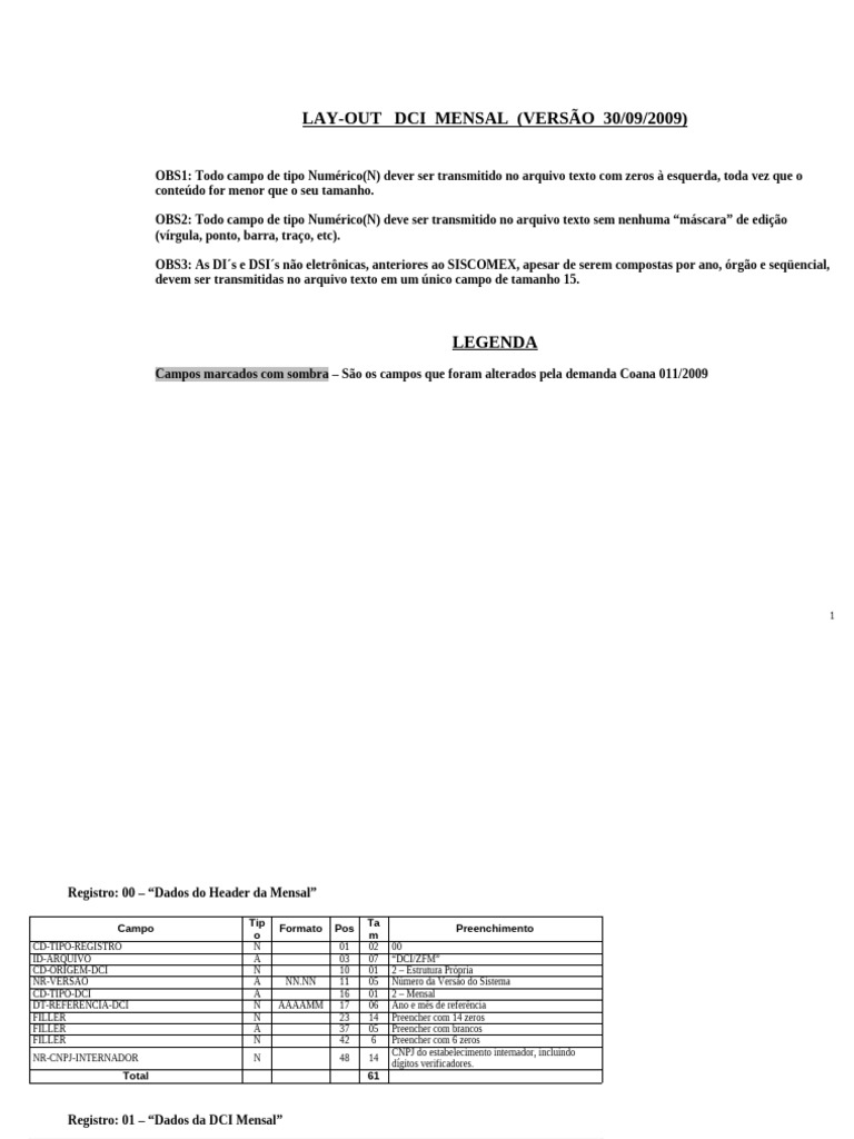 Layout DCI Mensal 2009: Instruções Técnicas | PDF | Recibo