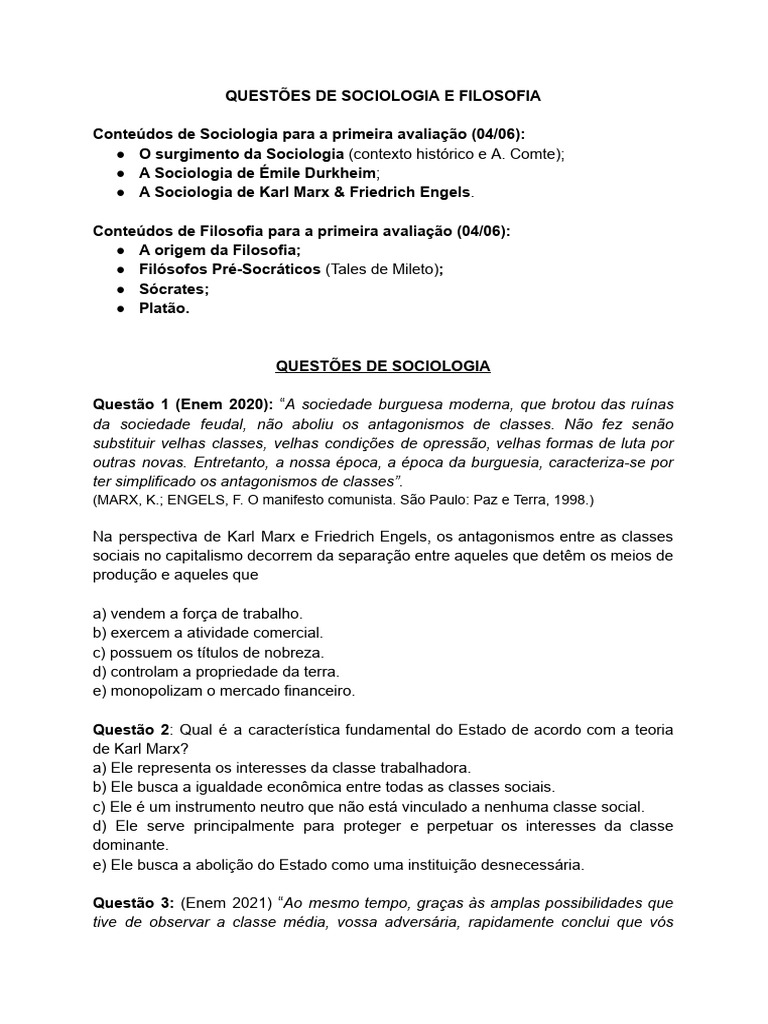 Questões de Sociologia e Filosofia para Avaliação | PDF | Sociologia ...
