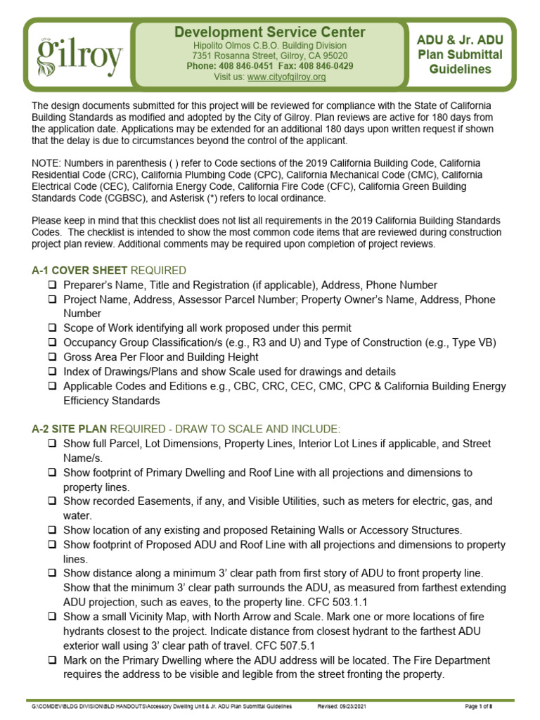 Accessory Dwelling Unit and Jr. ADU Plan Submittal Guidelines Handout ...