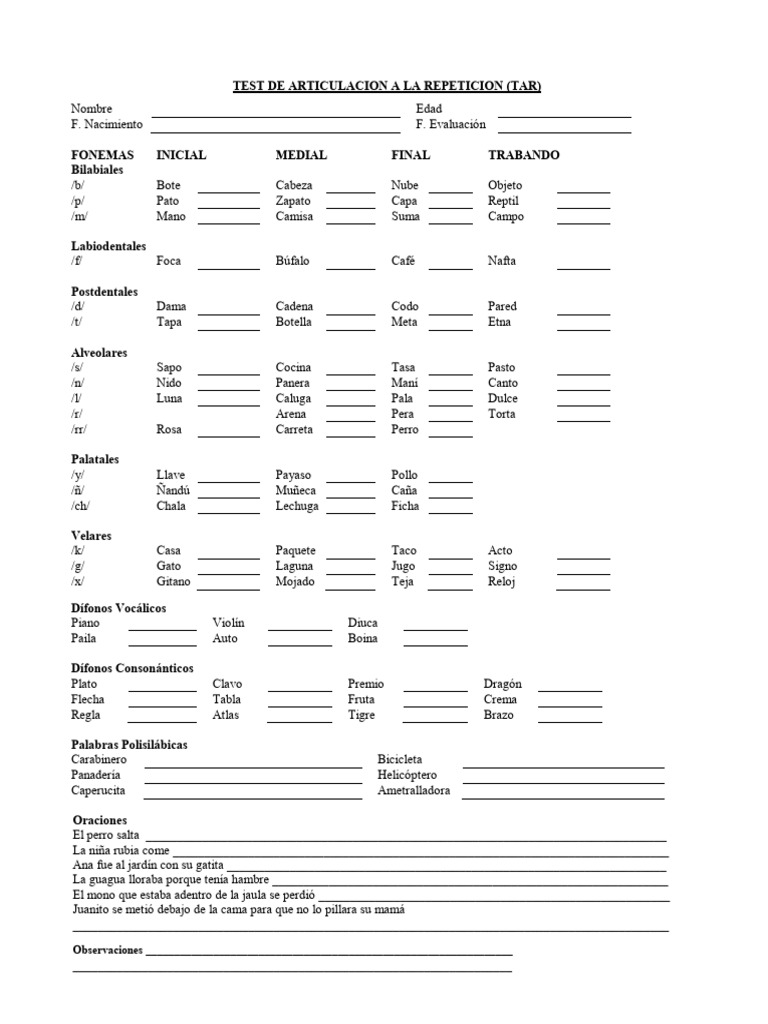 Test de Articulación a la Repetición | PDF