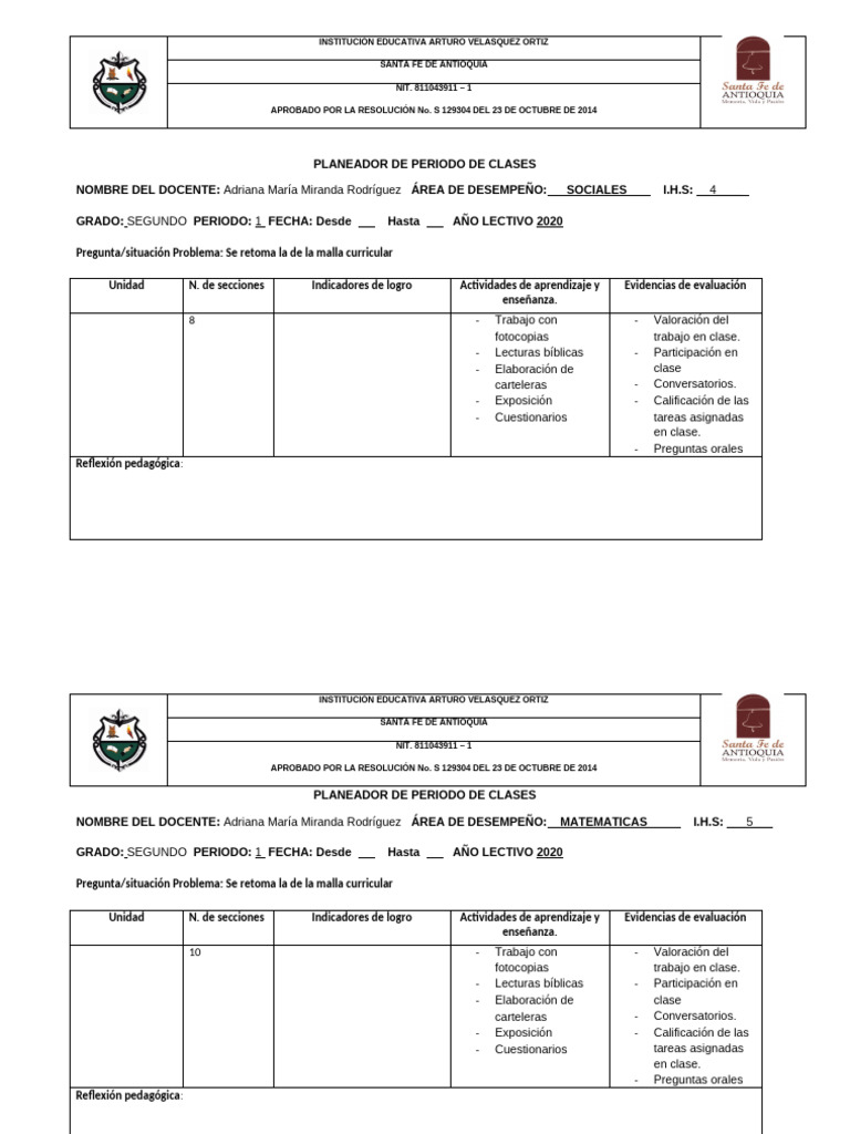Planeador de de Clases 2020 Vacio Grado Segundo | PDF | Evaluación ...