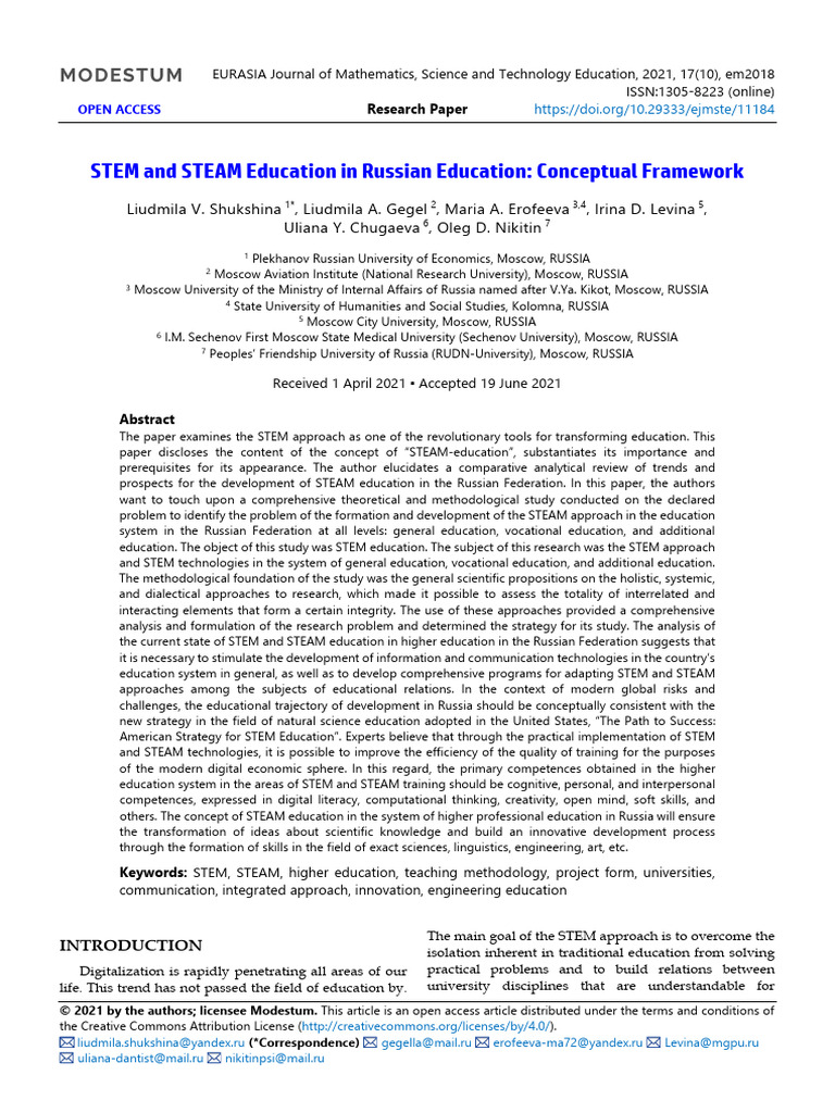 Stem and Steam Education in Russian Education Conceptual Framework ...