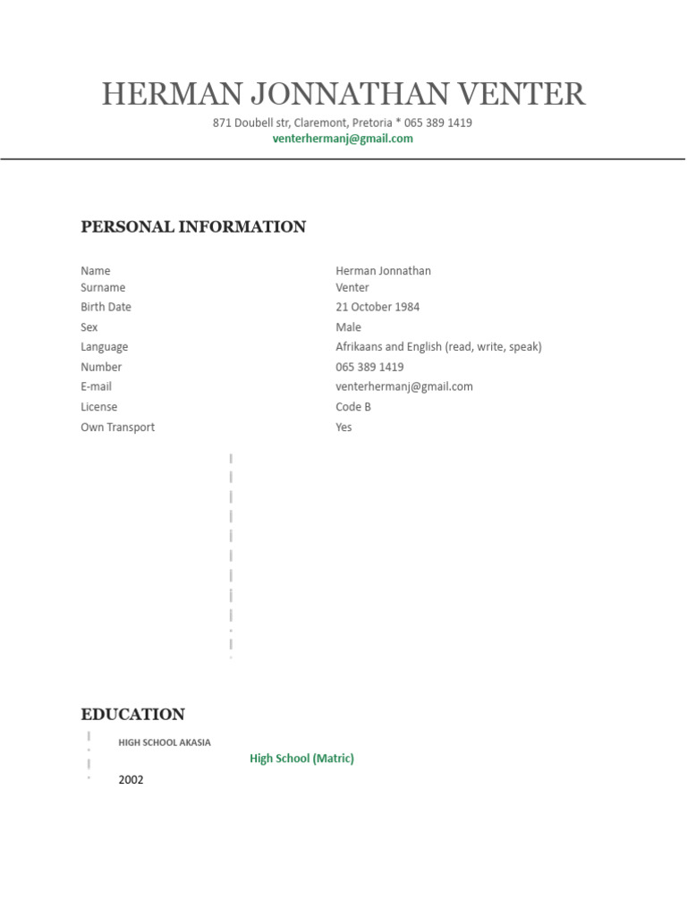 Herman Venter CV-1 | PDF | Warehouse | Occupational Safety And Health