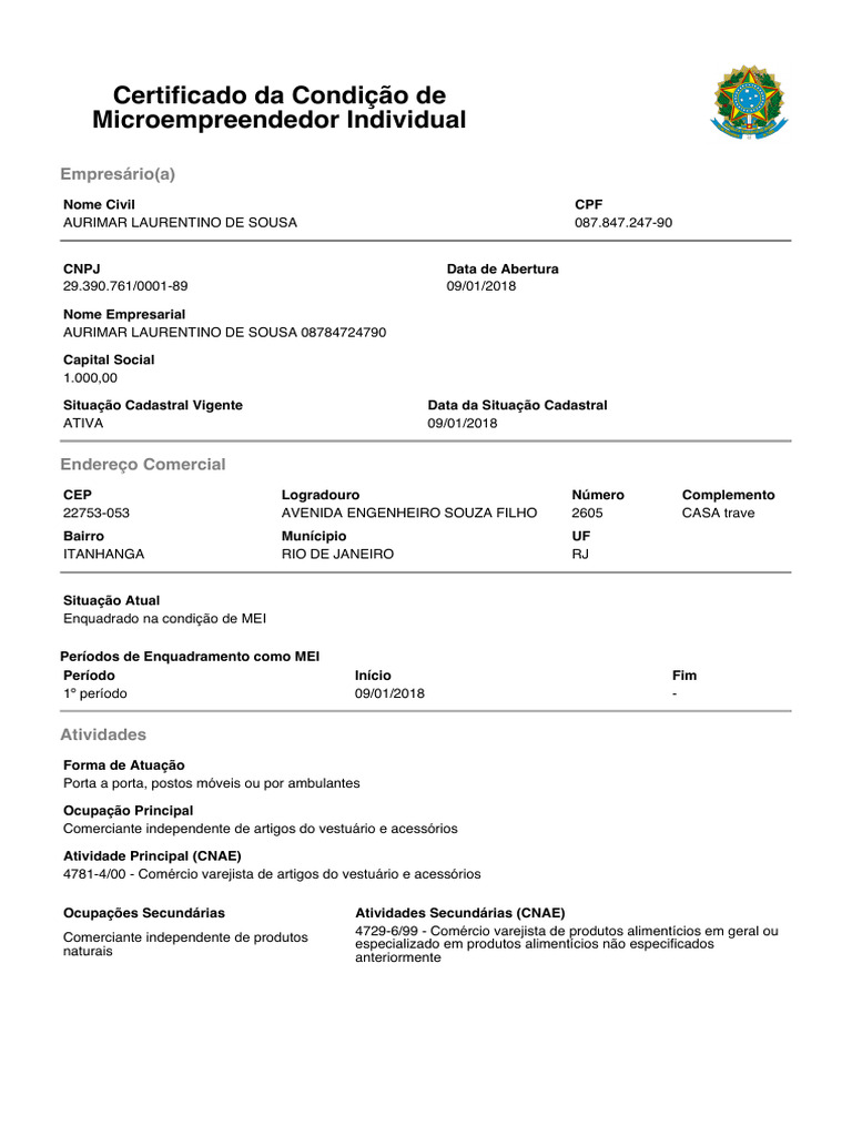 Certificado de Microempreendedor Individual | PDF | Finanças e ...